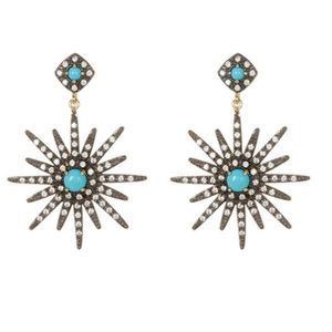 14 Karat Gold Cabochon Turquoise Swarovski  Sunburst Starburst Gunmetal Earings
